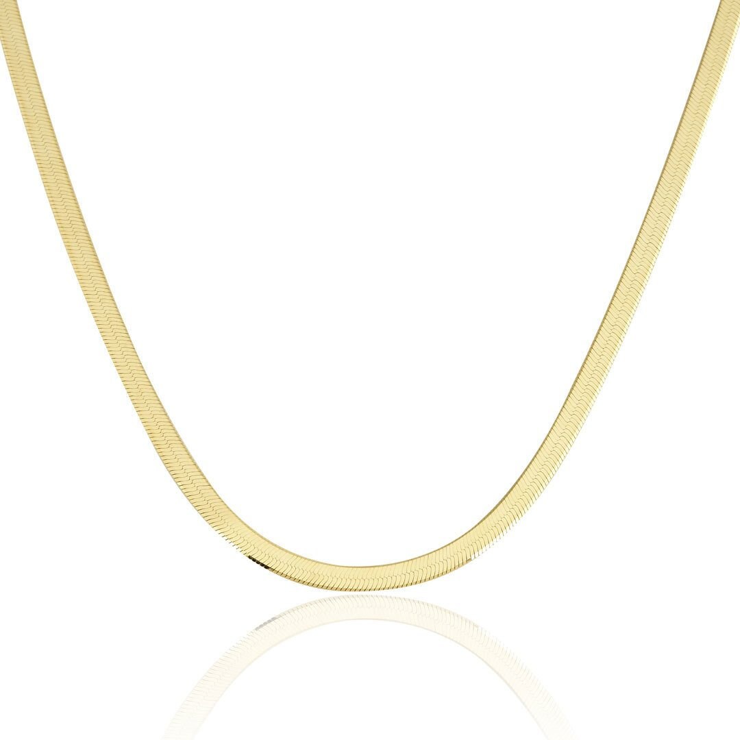  14k Gold Snake Herringbone Chain - Italian Craftsmanship - 4mm  Flat Shiny Gold Necklace - Heavy Fine Jewelry - Thick Chain - Gift for Her  - Mothers Day : Handmade Products