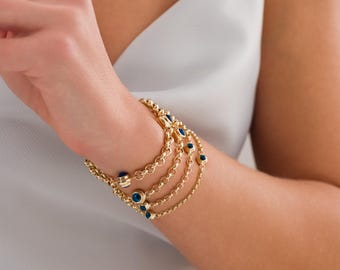 14k Gold Evil Eye Rolo Chain Bracelet | Evil Eye 5.5mm Chunky Rolo Bracelet | Gold Protection Charm Bracelet, Gift for Her, Birthday Gift