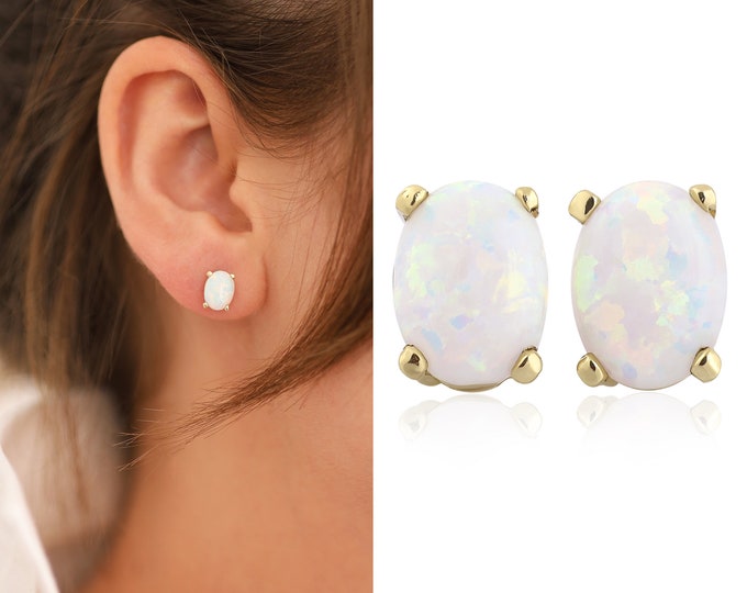 14K Gold White Opal Stud Earrings | Creativity Jewelry, Meditation Stone Earrings, Genuine Opal Gemstone, Libra Birthstone, Birthday Gift