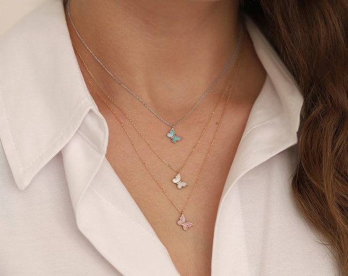 14k Gold Minimal White Enamel Butterfly Pendant | Butterfly Necklace, Dainty Butterfly Charm Necklace, Bridesmaid Gift, Valentine's Day Gift