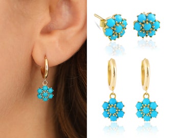 14k Gold Turquoise Hexagon Flower Dangle Earrings | Honeycomb Blue Turquoise Stud Earrings, December Birthstone, Birthday Gift, Gift for Her