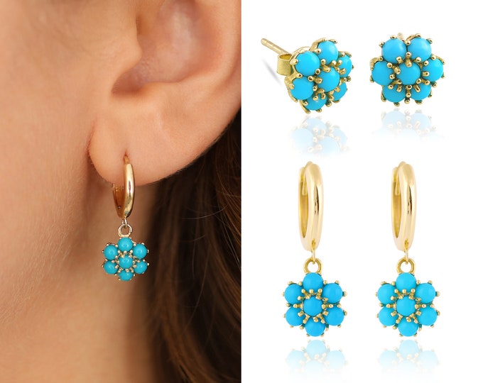 14k Gold Turquoise Hexagon Flower Dangle Earrings | Honeycomb Blue Turquoise Stud Earrings, December Birthstone, Birthday Gift, Gift for Her