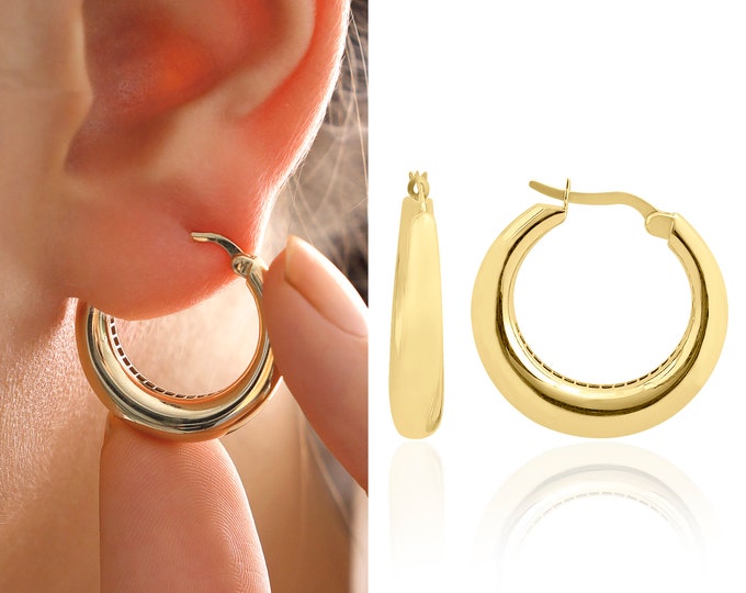 14k Gold Bold Round Hoop Earrings | Chunky Circle Huggie Earrings, Classic Casual Jewelry, Christmas Gift, Anniversary Gift, Gift for Her