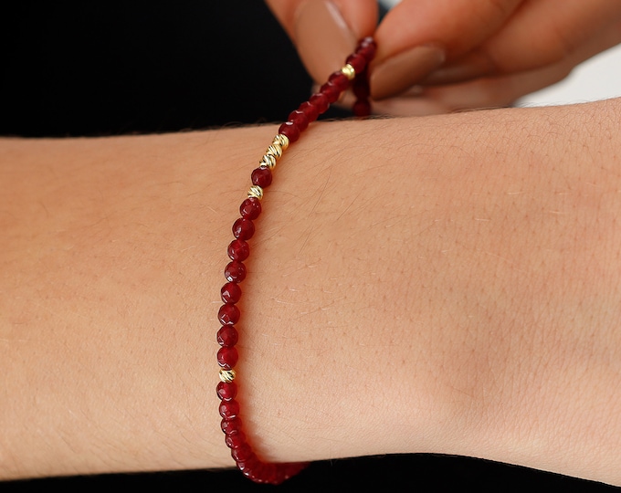 14k Gold Red Jade Bracelet | Jade Stone Bracelet, Dark Red Natural Stone Bracelet, Elegant Stacking Bracelet, Energy Crystal Jewelry Gift