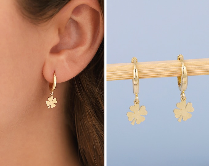 14K Gold Clover Earrings | Four Leaves Clover Jewelry, Good Luck Earring, Handmade Chic Earring, Minimal Fortune Jewelry, Anniversary Gift,