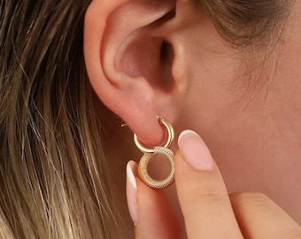 14k Gold Double Hoop Earrings | Hammered Infinity Round Stud Jewelry