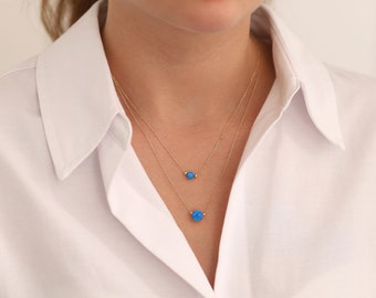 14k Gold Blue Opal Necklace | Round White Pink October Birthstone Gem