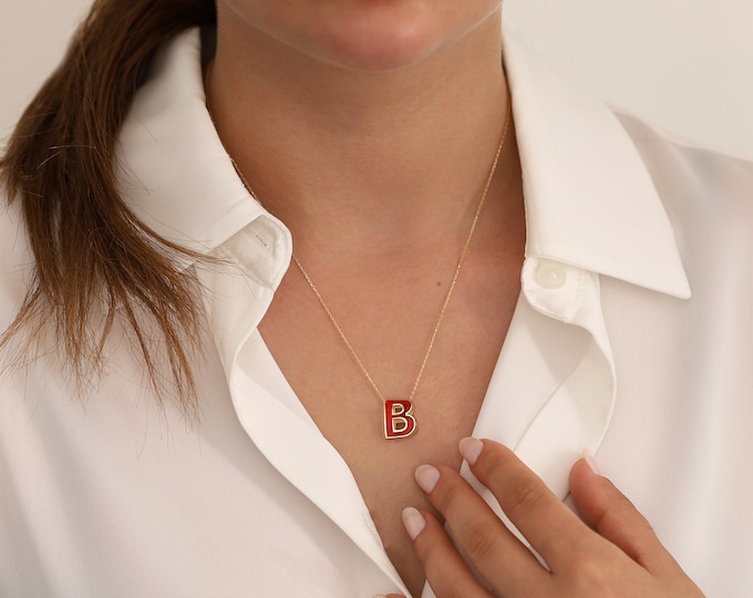 14k Gold 2 Color Letter Necklace | Personalized Name Necklace with Handmade Enamel, Shiny Initial Pendant, Pearlescent Colors, Gift for Her