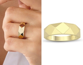 14k Gold Faceted Chunky Ring |  Stackable Geometric Pattern Edge Rings, Bold Dome Band Rings, Christmas Gift, Birthday Gift, Gift for Her