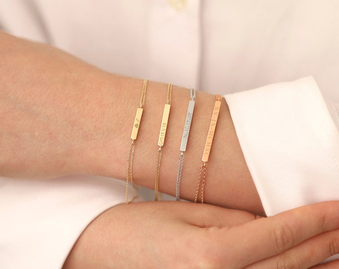 Bar Urn Bracelet 14k / 10k Gold | Cremation Ash Holder Bar Bracelet, Name Bar Bracelet, Custom Four Sided Engraved Urn Bracelet for Pet Loss