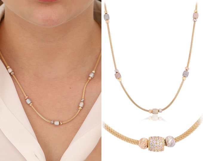 14K Gold Laser Cut Beaded Franco Mesh Chain Necklace | Italian Tube Chain with CZ Dorica Ball Jewelry, Gift for Women, Anniversary Gift