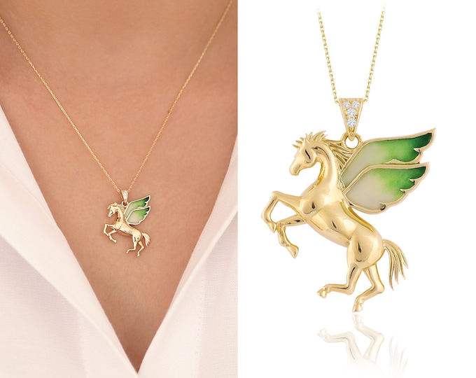 14K Gold Pegasus Necklace | Green & White Horse w/ Wings Pendant, Dainty Minimal Design Stamina Necklace, Handmade Jewelry, Gift for Her