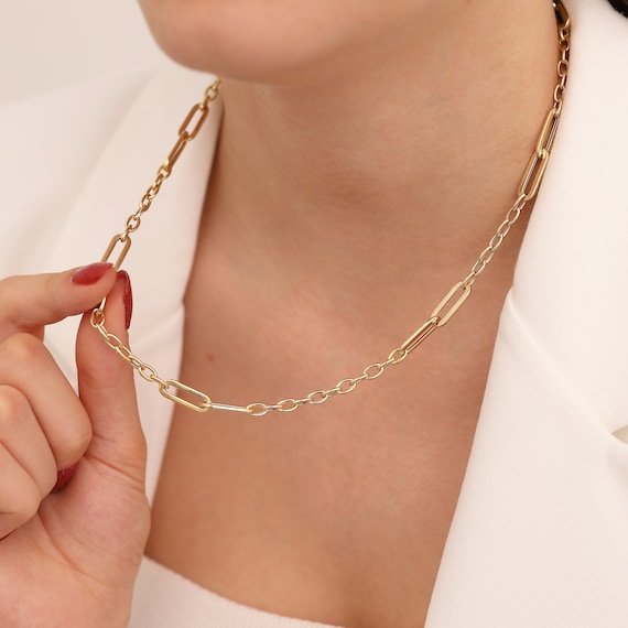 14K Gold Chain Necklace Paperclip Chain Jewelry Heavy Elegant