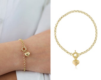 14k Gold Rolo Chain Bracelet with Heart Charm | Belcher Chain w/ Sailor Lock, Heart Charm Bracelet, Vintage Look Jewelery, Anniversary Gift