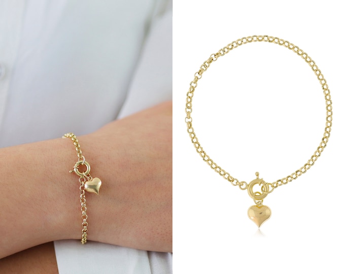 14k Gold Rolo Chain Bracelet with Heart Charm | Belcher Chain w/ Sailor Lock, Heart Charm Bracelet, Vintage Look Jewelery, Anniversary Gift