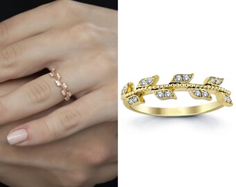 18k Gold Diamond Leaf Ring | 14k Solid Gold Bridesmaid Ring, Dainty Leaf w/ Diamonds Gold Ring, Anniversary Gift for Her