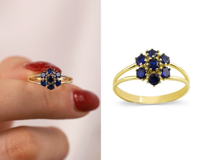 14k Gold Sapphire Hexagon Flower Ring | Handmade Jewelry, September Birthstone, jewelry set, Spiritual Healing Gemstone, Birthday Gift