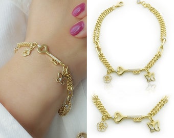 Gold Key Bracelet w/ Flower & Butterfly Charms | Curb Chain 14k Gold Bracelet, Pendants with Engraved Gemstones | Gift for Her