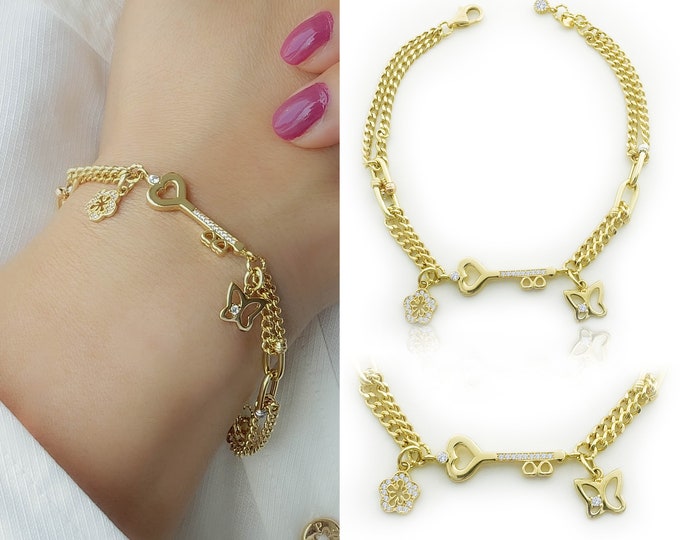 Gold Key Bracelet w/ Flower & Butterfly Charms | Curb Chain 14k Gold Bracelet, Pendants with Engraved Gemstones | Gift for Her
