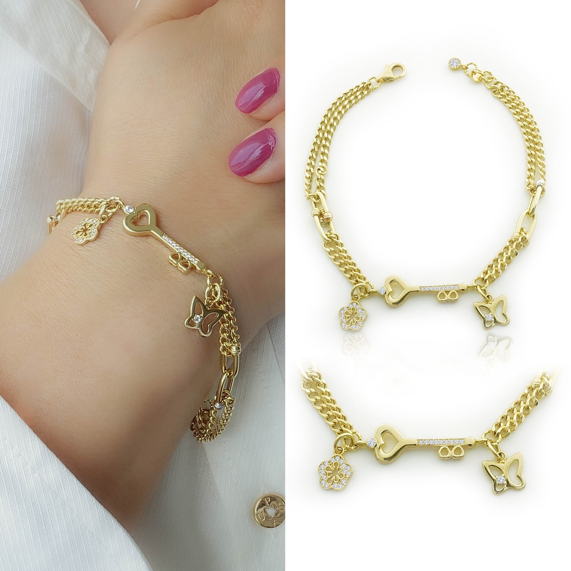 Gold Key Bracelet w/ Flower & Butterfly Charms