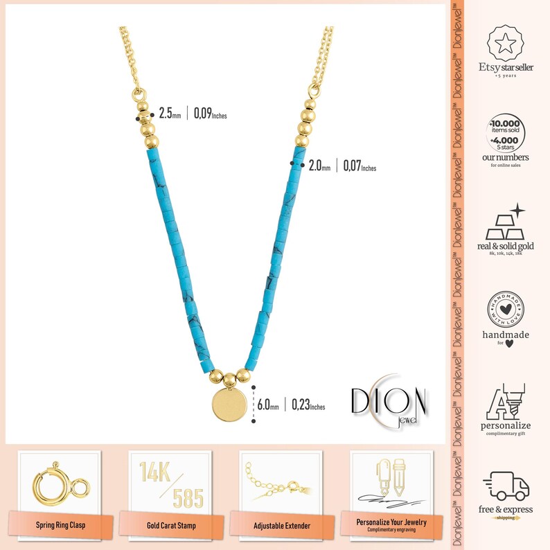14k Gold Turquoise Coin Necklace | Engravable Gold Disc December Birthstone Pendant image 4
