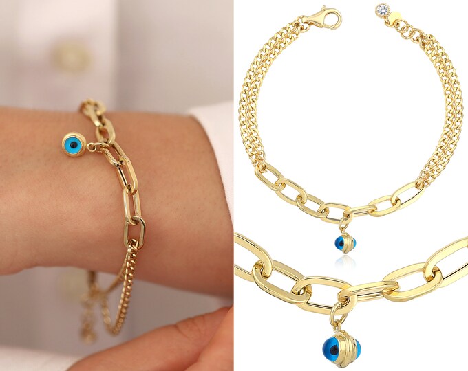 14k Gold Oval Paperclip & Double Curb Chain Bracelet | Handmade Evil Eye Talisman Charm Bracelet, Anniversary Gift For Women, Gift for Her