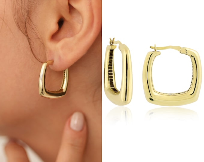14k Gold Square Dome Earrings | Bold Edge Hoop Earrings, Thick Square Tube Earrings, Statement Jewelry, Graduation Gift, Gift for Women