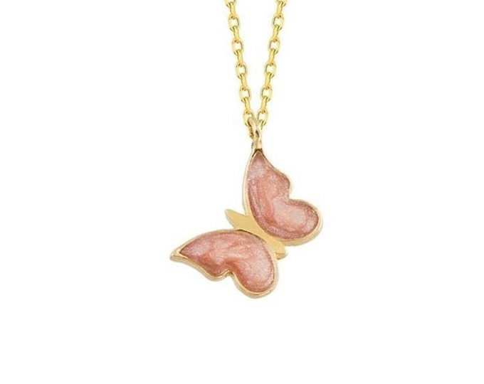 Butterfly Enamel Necklace | Minimal Pink Butterfly Pendant Elegant Design | 14k Gold Dainty Butterfly Charm Jewelry