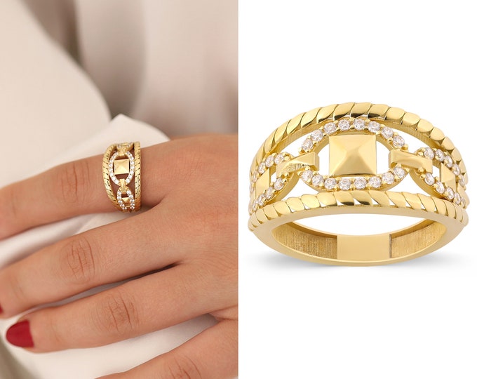 14k Gold Geometric Shaped Engraved Ring | Textured Fore Finger Ring, Shiny Wide Ring, Chic Statement Jewelry, Anniversary Gift, Gift for Mom
