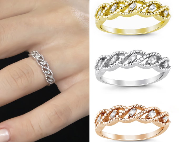14k Gold Swirl Baguette Diamond Statement Ring | Semi Eternity Spiral Helical Helix Gorgeous Minimalist Band w/ Diamonds | Gift for Her