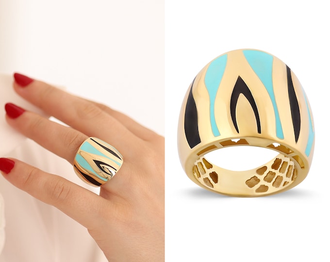 14k Gold Blue & Black Stripes Dome Ring | Colorful Brindled Heavy Ring, Bold Wide Band Ring, Fore Finger Ring, Chunky Jewelry, Gift for Her