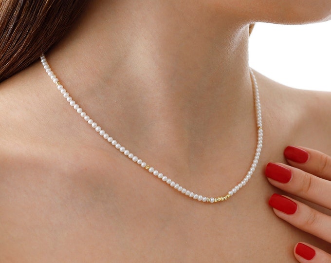 White Pearl Necklace with 14k Gold Dorica Bead | Genuine Pearl Bracelet, Faceted Dorica Ball, Minimal Layering Necklace, Elegant Jewelry
