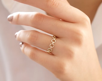 14k Gold Circle Chain Ring | Multi Link Dainty Band Rings, Stackable Eternity Karma Rings, Valentines Day Gift, Teacher Gift, Gift for Her