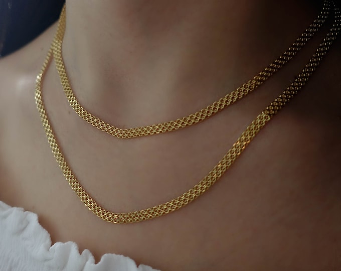 14k Gold Knit Mesh Chain Necklace | Elegant Design Knitted Flat Herringbone Alike Chain Fine Jewelry | Collar, Formal Use, Mothers Day