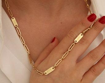 14k Gold Engravable Paperclip Necklace | Personalized Name Date Icon Pendant