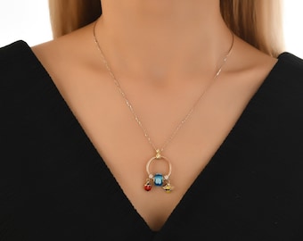 14k Gold Ladybug Bee Pendant Necklace | Murano Venetian Ring Pendant with Charms