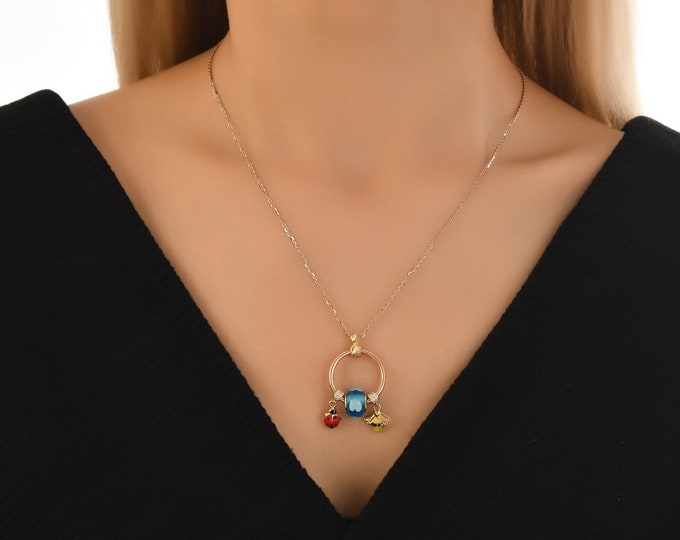 14k Gold Ladybug Bee Pendant Necklace | Murano Venetian Ring Pendant with Charms