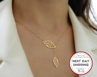 Double Leaf Gold Necklace | Mother of Nature, Leaves of Tree Golden Pendant | Outline Hollow Leaves | Elegant Design, Birthday Gift Necklace