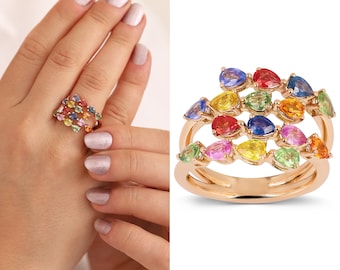 Sapphire Ring 14k Gold Rainbow Natural | Colorful Genuine Sapphire Ring, Pear Cut Sapphire, Pink Sapphire, Statement Ring, Anniversary Gift