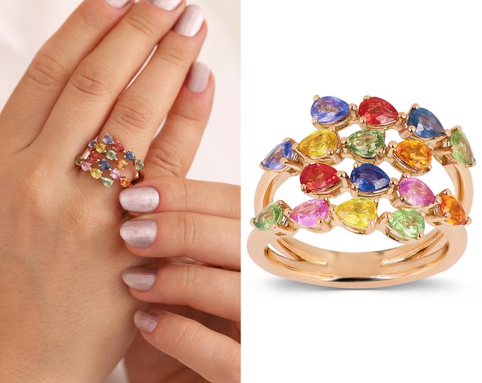 Sapphire Ring 14k Gold Rainbow Natural | Colorful Genuine Sapphire Ring, Pear Cut Sapphire, Pink Sapphire, Statement Ring, Anniversary Gift