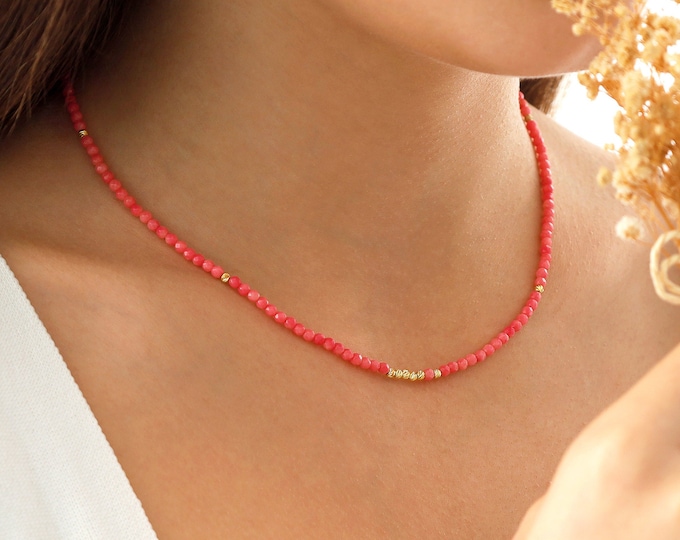 14k Gold Pink Coral Beaded Necklace | Natural Dainty Pink Crystal for Energy, October Birthstone Necklace, Birthday Gift, Gift for Her