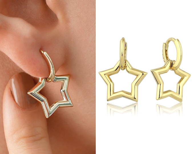 14k Gold Star Drop Earrings | Celestial North Star Earrings, Dangle Outline Hoops, Nature Lover Jewelry, Valentines Day Gift, Gift for Her