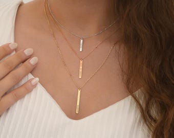 10k Gold Engraved Bar Necklace | Personalized Name Date Plate Pendant