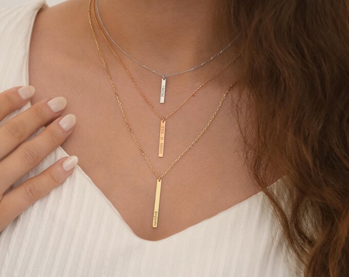 Vertical Gold Name Bar Necklace | Engraved Name, Date, Icon Plate Necklace, Simple Gift Idea, Personal Gift, Gift for Children and Kids
