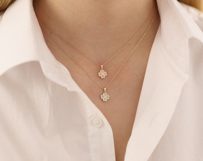14k Gold Clover Pendant Necklace | Four Leaf Charm for Good Luck & Spiritual Gift