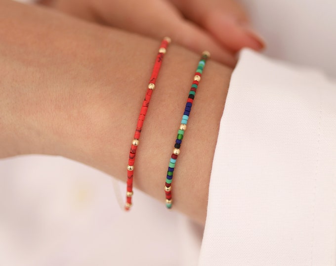 Red Coral Gemstone Bracelet with 14k Gold Beads | Lapis/ Turquoise/ Mix Natural Stone Bracelet, Minimalist Colorful Jewelry, Gift for Her