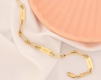 14k Gold Engravable Paperclip Bracelet | Name, Date, Icon Engraved Personalized Memorial Bracelet, Family & Child Gift w/ Names, Birthdays