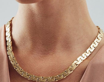 14k Gold Tight Curb Virola Chain | 8mm Thick Weave Chain, Mariner Chain, Sailor Lock Clasp Reversible Necklace for Women, Gift for Her