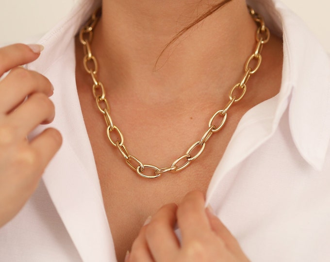 14k Gold Oval Paperclip Necklace | Long Link Layering Necklace, Thick Chain, Stacking Necklace, Chunky Gold Jewelry, Engagement Gift for Her