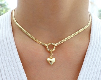 Heart Charm Sailor Lock Herringbone Chain Necklace | 14k Gold Thick Flat Snake Chain Necklace, Heavy Fine Jewelry | Valentine's Day Gift